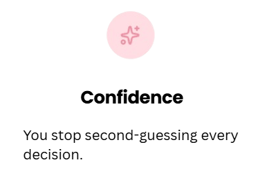 White rounded card with a pink sparkle icon, titled “Confidence,” with the subtitle “You stop second-guessing every decision.