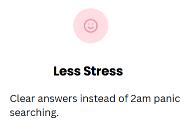 White rounded card with a pink smiling-face icon, titled “Less Stress,” with the subtitle “Clear answers instead of 2am panic searching.