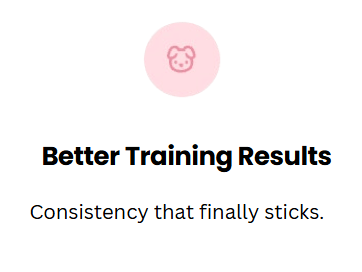 White rounded card with a pink puppy-face icon, titled “Better Training Results,” with the subtitle “Consistency that finally sticks.