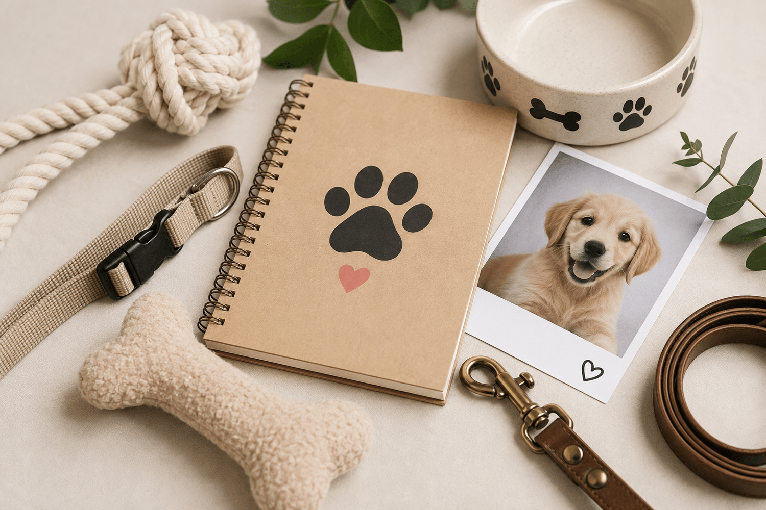 A flat-lay arrangement of puppy-care items including a leash, collar, rope toy, plush bone, paw-print notebook, dog bowl, and a photo of a golden retriever puppy.