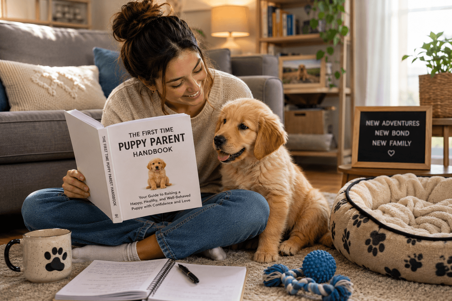 A woman sits on a couch reading a “First Time Puppy Parent Handbook” beside a golden retriever puppy, with toys and a dog bed nearby.