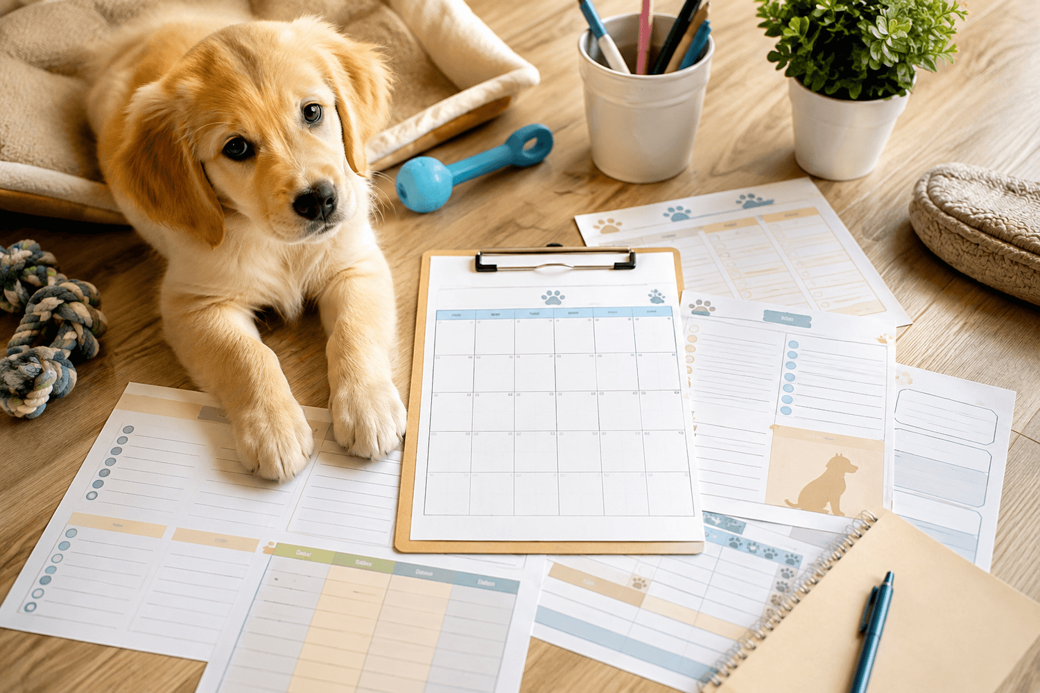 A golden retriever puppy lies beside a clipboard, calendar, checklists, and stationery arranged on a wooden table.