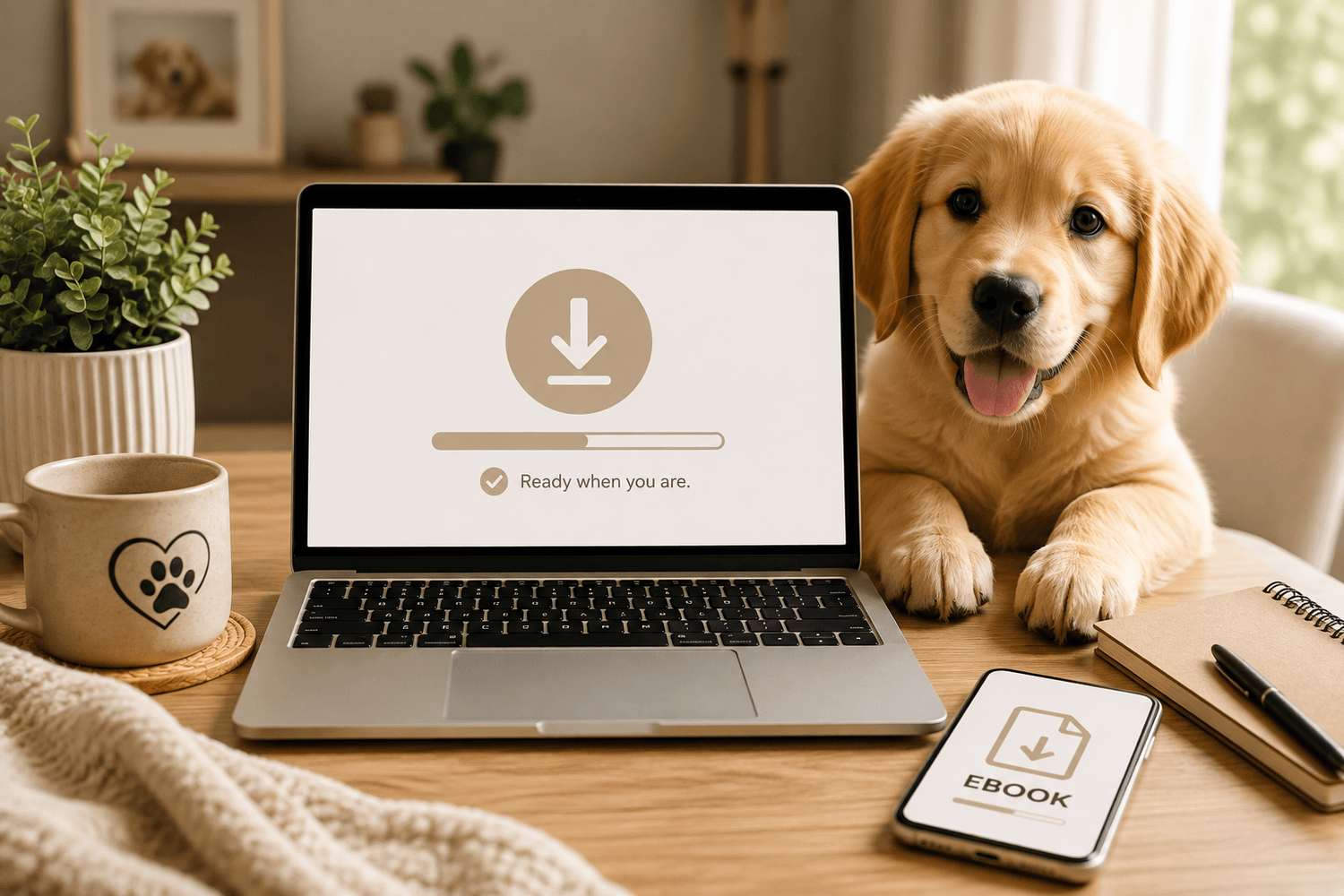 A golden retriever puppy rests beside an open laptop displaying a download icon, with a smartphone showing an ebook on the table.