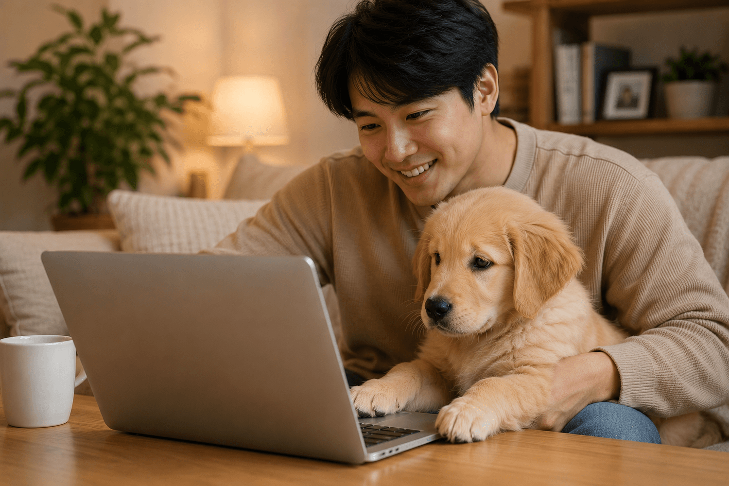 A smiling person sits on a couch with a golden retriever puppy beside them while they use a laptop on a wooden table.