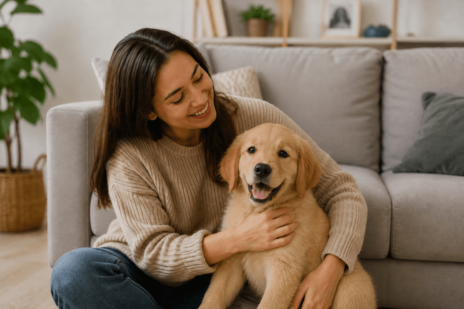 A smiling woman sits on a couch and hugs a happy golden retriever puppy in a cozy living room.