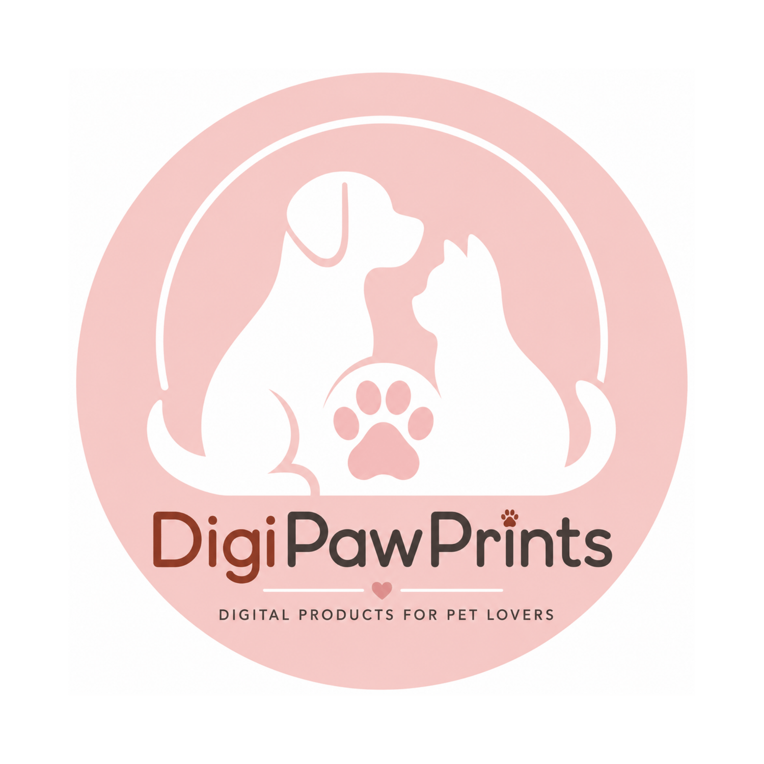 A square logo featuring stylized white silhouettes of a dog and person inside a pink circular design, with the text “DigiPawPrints” underneath.