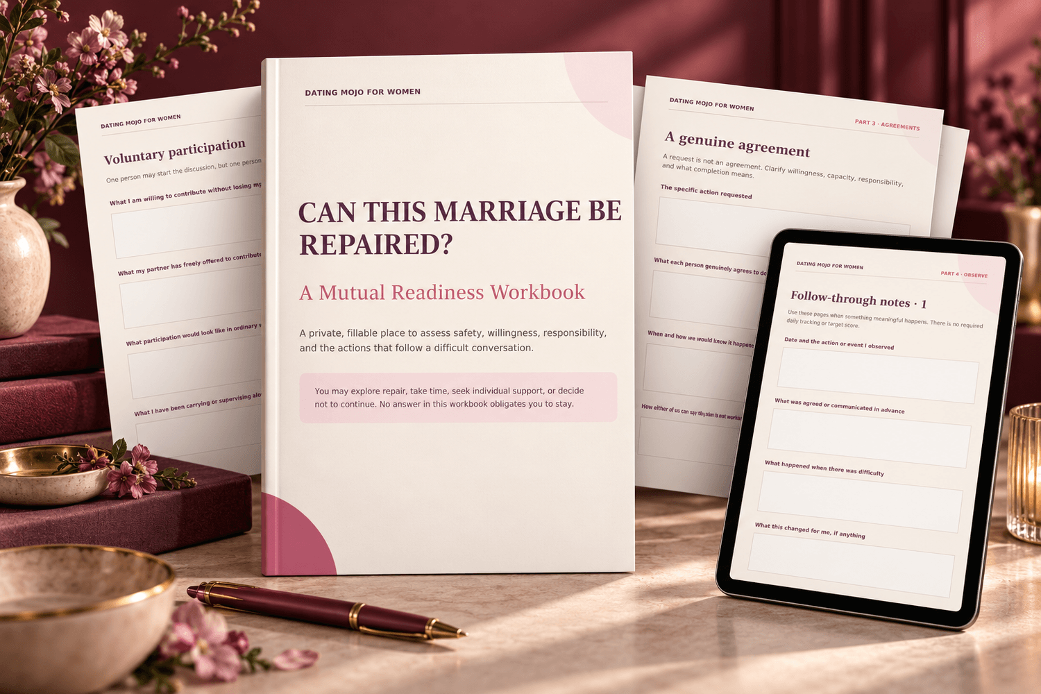 Can This Marriage Be Repaired workbook with sample fillable pages and a tablet