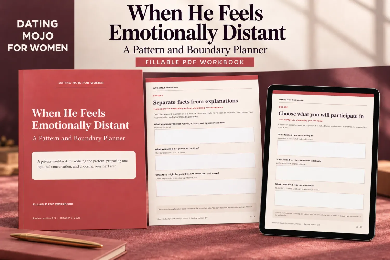 Deep-rose cover of When He Feels Emotionally Distant: A Pattern and Boundary Planner, with cream worksheet previews and a tablet displaying the boundary-planning page.