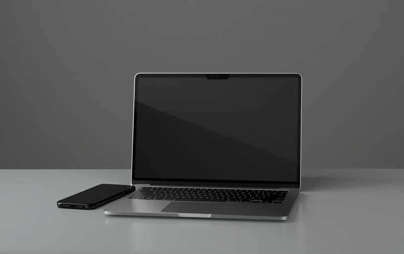 dark modern email newsletter mockup on smartphone and laptop, clean studio background