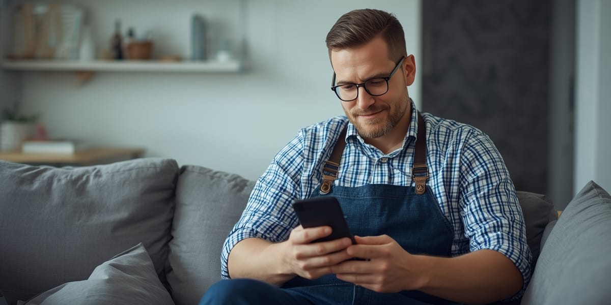 blue collar dad at home checking email on smartphone, casual authentic setting