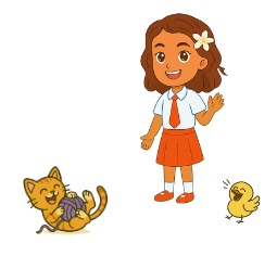 Sofia wearing Indonesian school uniform, with Pumpkin and Nana - Book 1