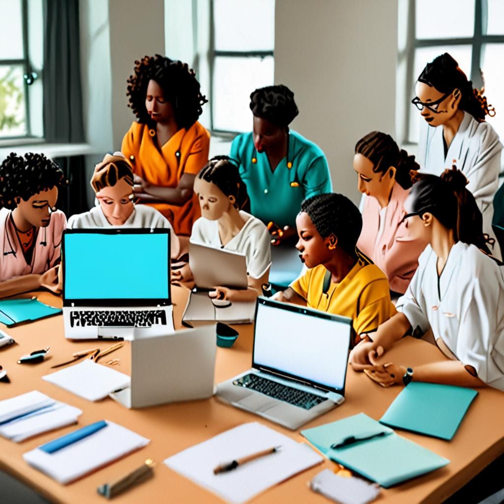 diverse healthcare professionals preparing for virtual AI workshop, laptops notebooks, teal coral gold accents