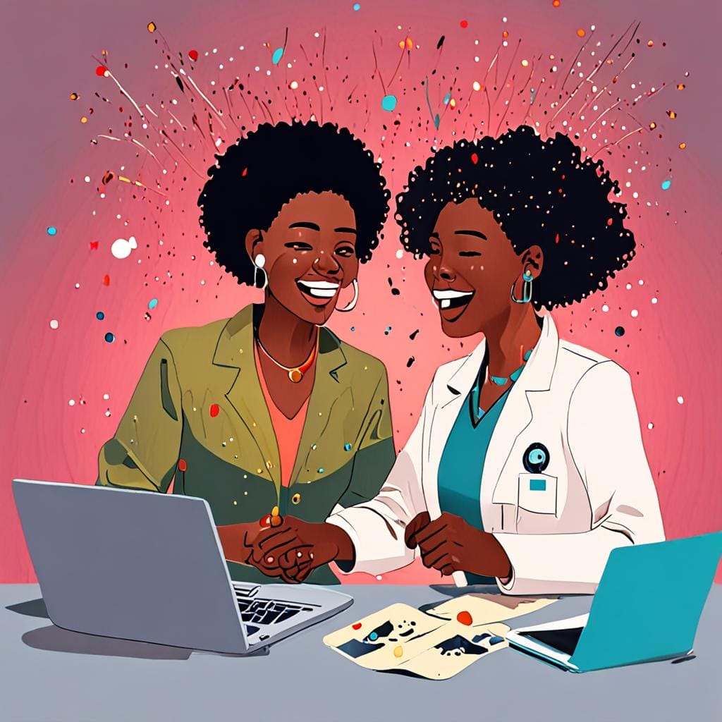 joyful Black woman healthcare professional celebrating beside friendly female AI assistant, laptop, teal coral gold confetti, polished editorial illustration