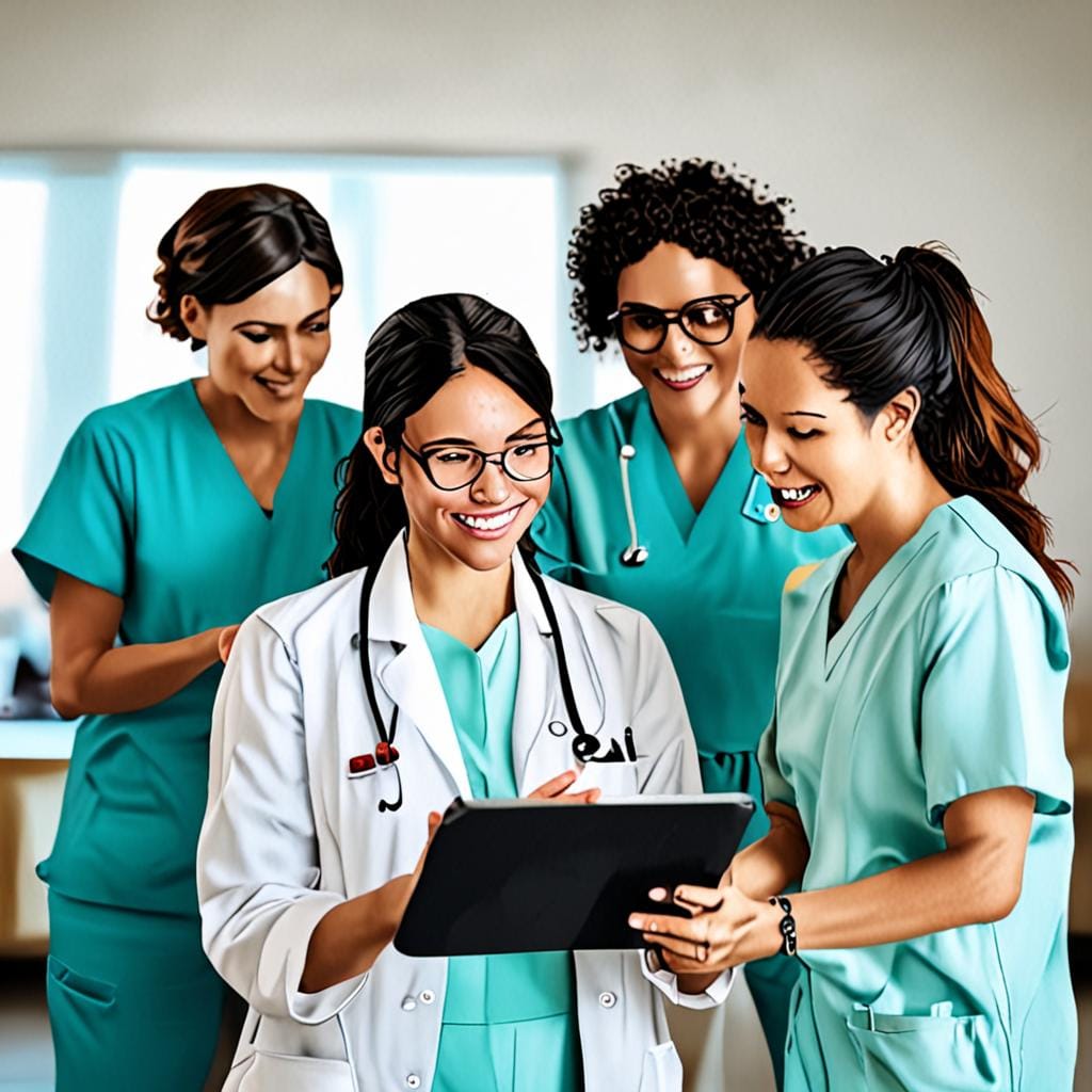diverse MDS nurses collaborating around tablet with friendly female AI guide, bright teal coral gold, professional healthcare setting