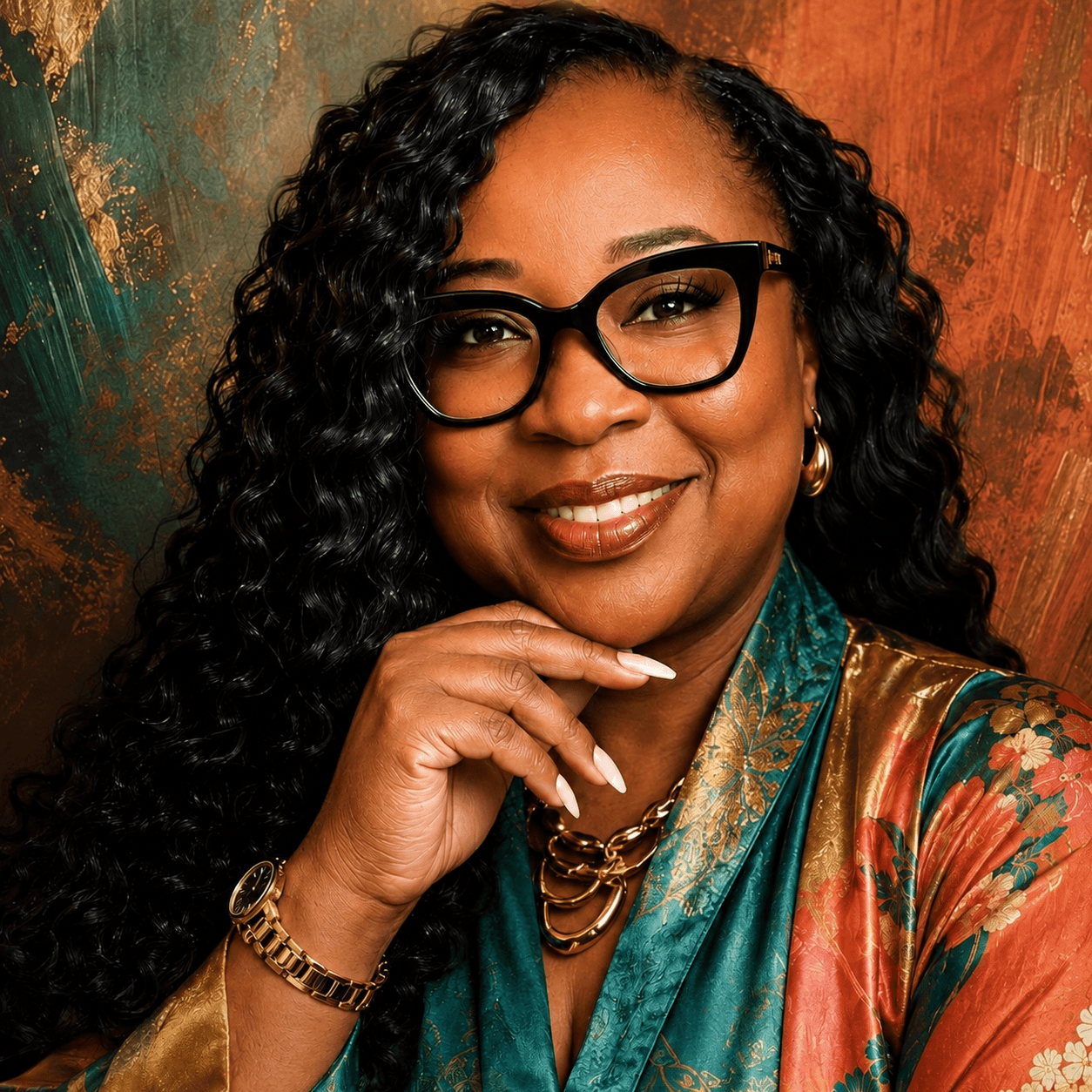 confident Black woman healthcare leader portrait warm smile teal coral gold