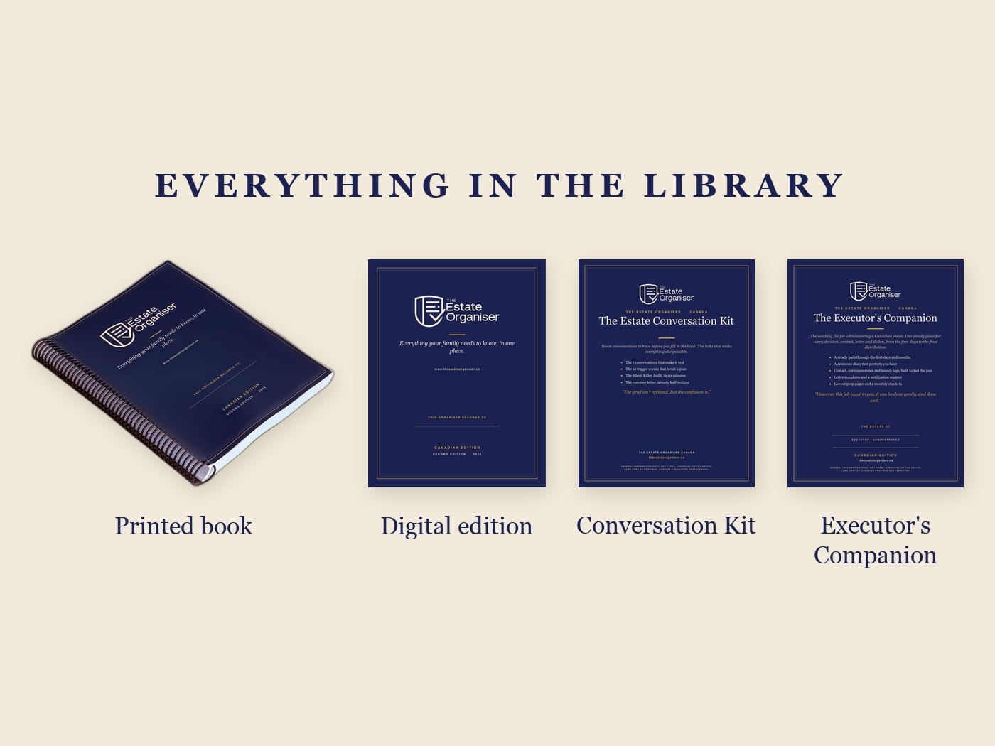 The Estate Organiser Complete Library, printed book, digital edition, Conversation Kit and Executor's Companion