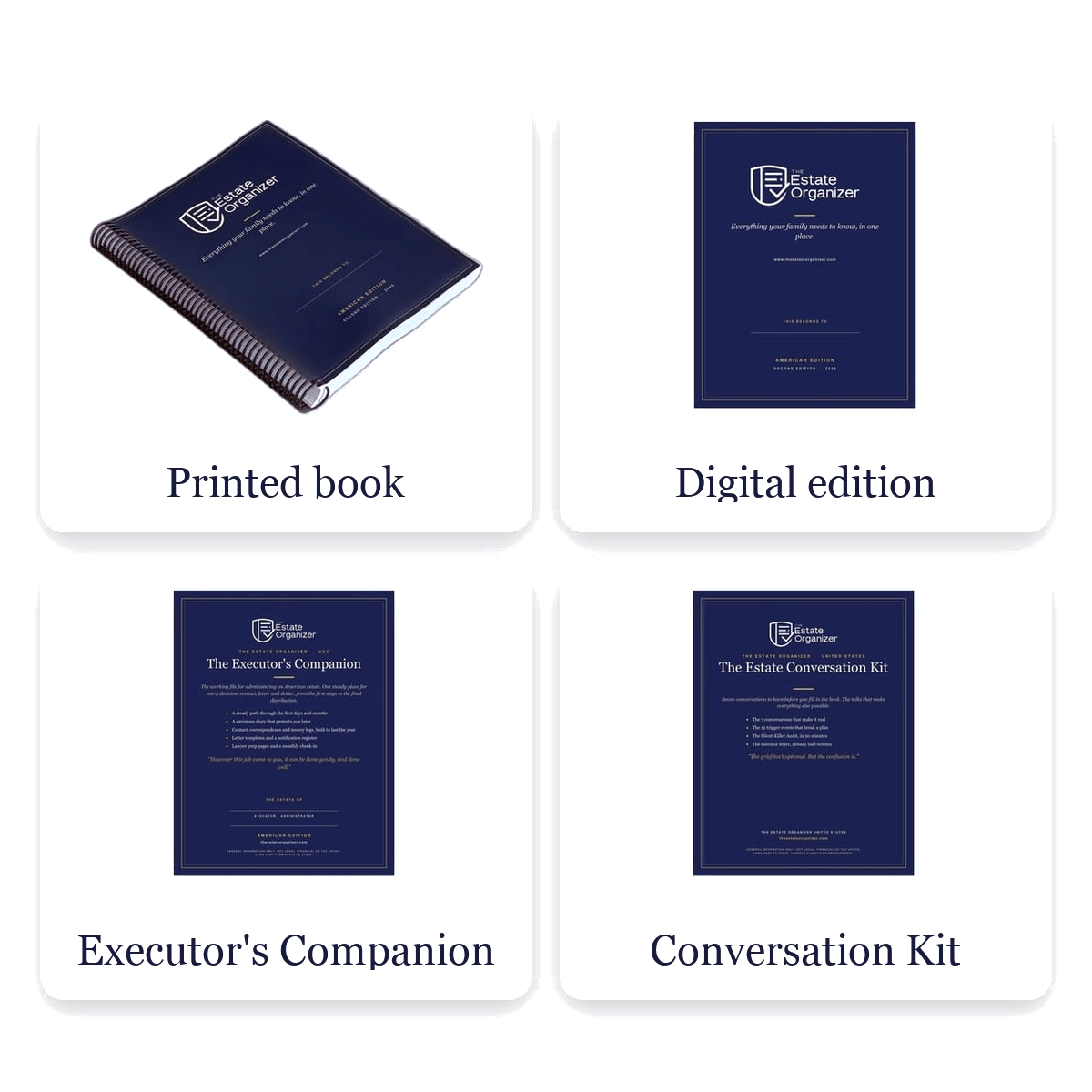 The Estate Organizer Legacy Edition, printed book, digital edition, Conversation Kit and Executor's Companion