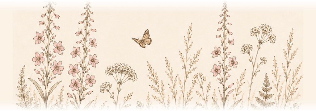Growing Still botanical mark - fireweed, fern, and butterfly