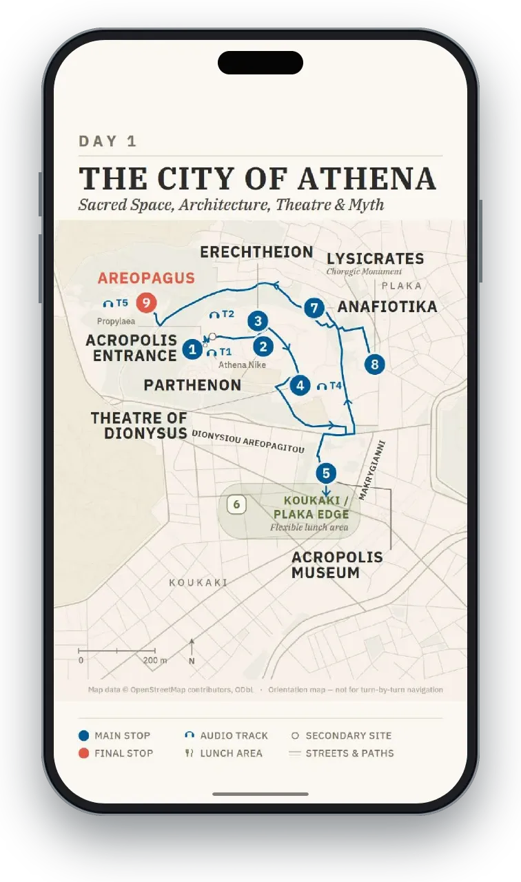 The Day 1 route map from the Athens in 72 Hours guide, shown on a phone: a walk around the Acropolis slopes, Areopagus, Theatre of Dionysus and Plaka