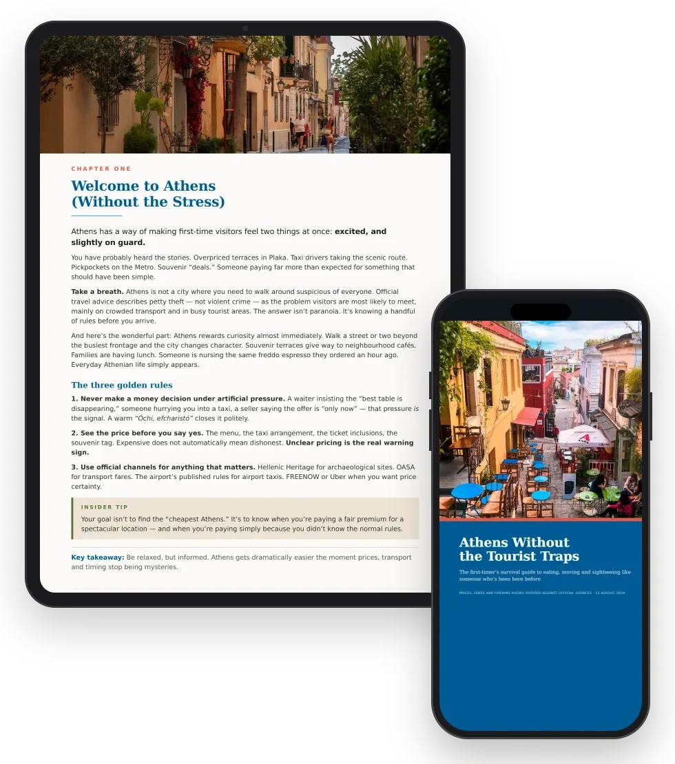 The free guide Athens Without the Tourist Traps shown on a tablet and a phone