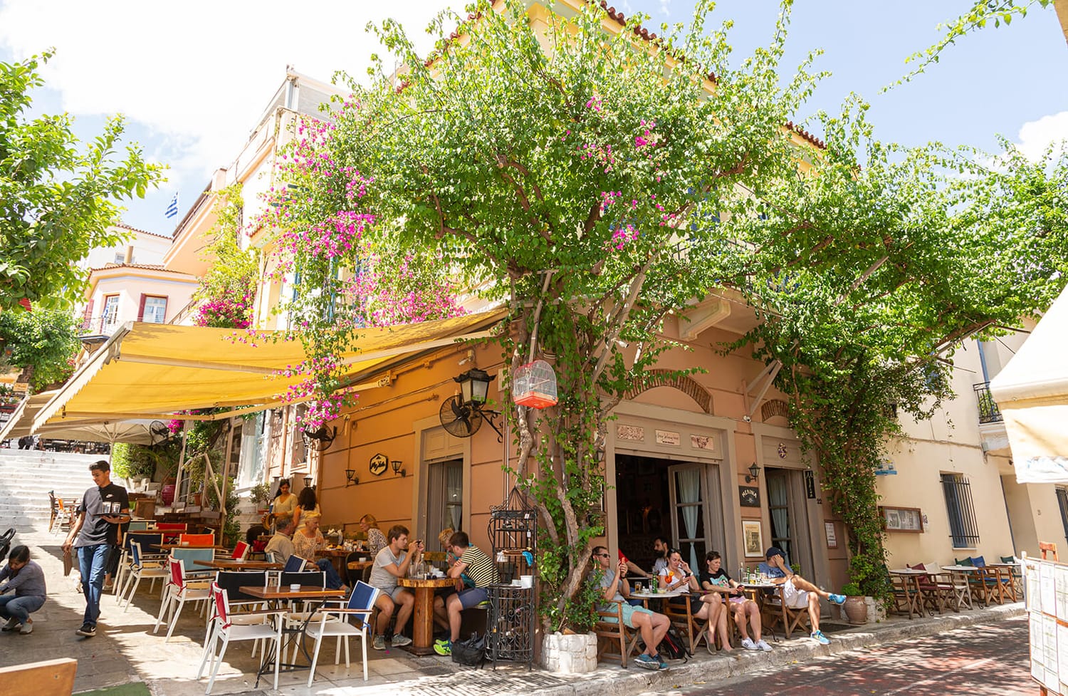 Athens café terrace with people dining under bougainvillea and trees