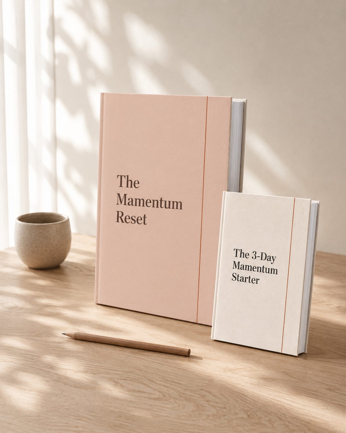 The Mamentum Reset and 3-Day Mamentum Starter guides on a pale oak table