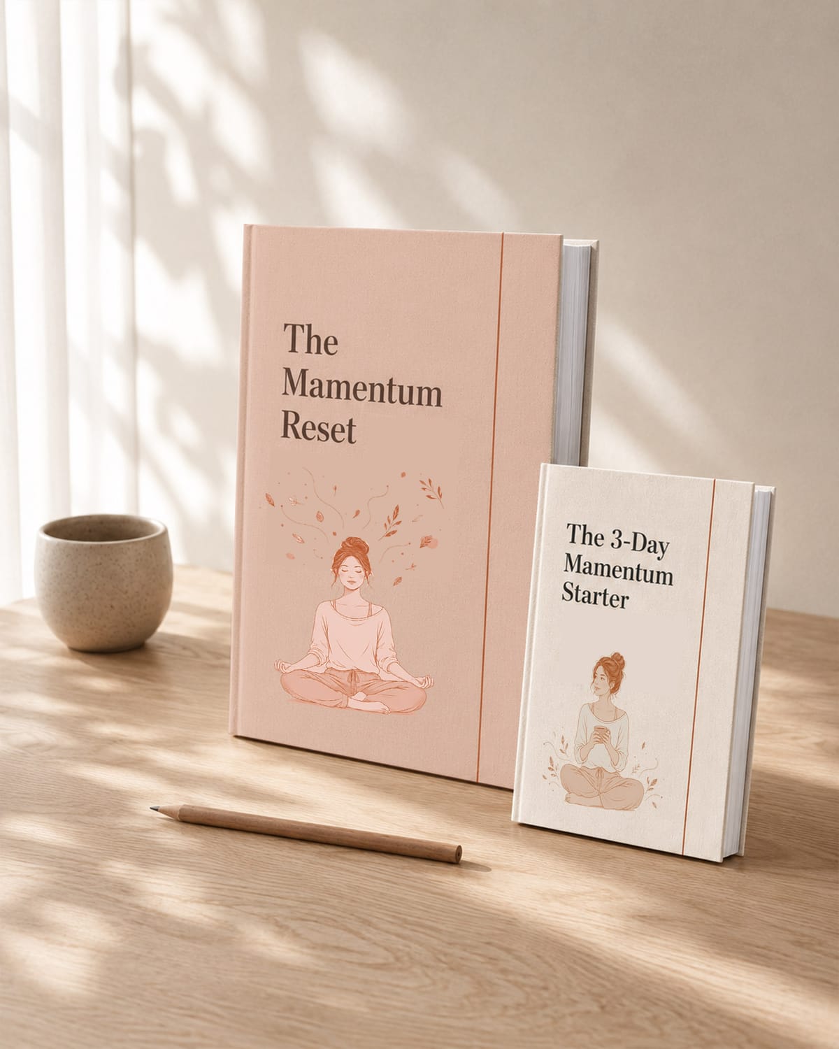 The Mamentum Reset and 3-Day Mamentum Starter guides on a pale oak table