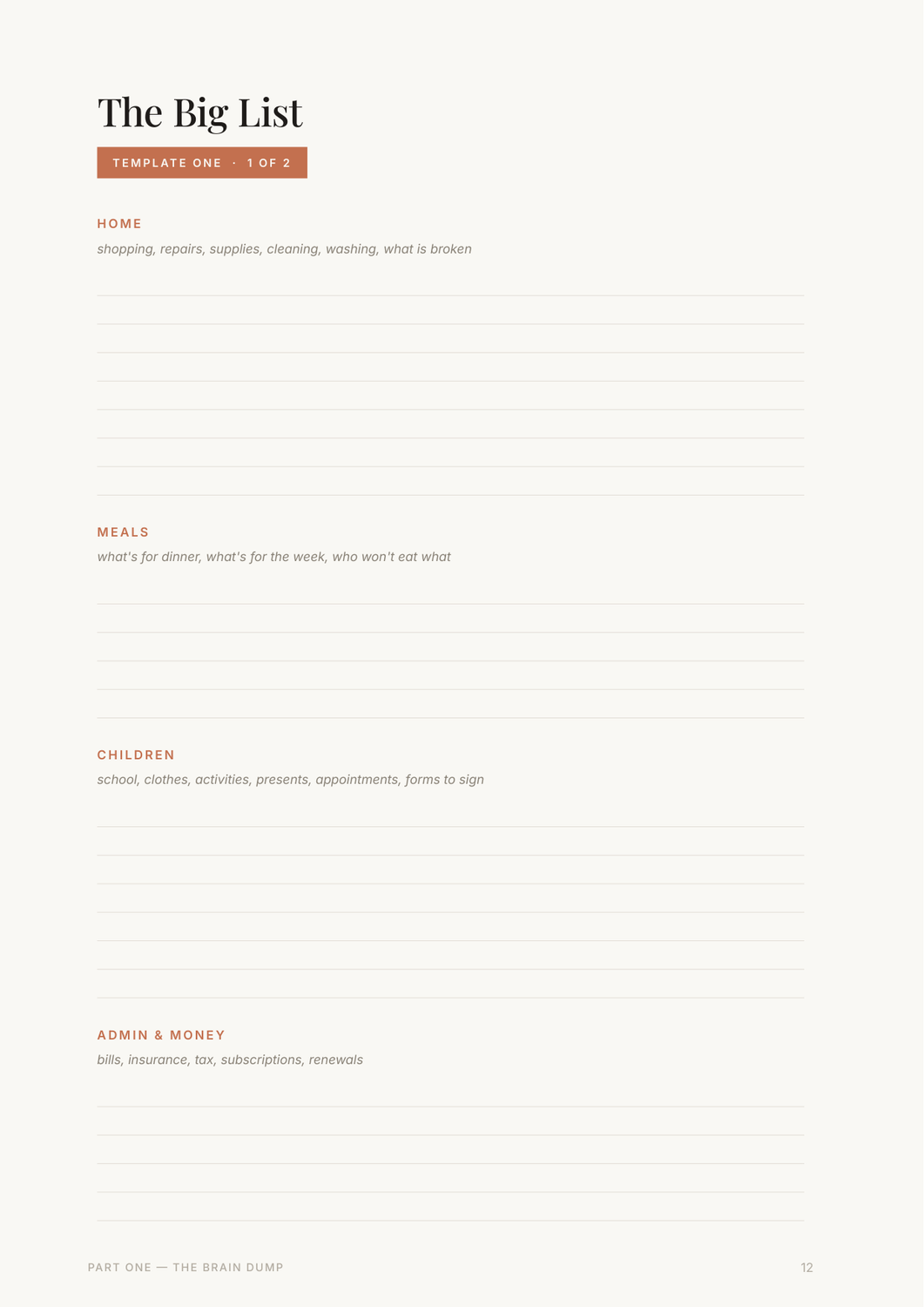 The Big List printable mental load template