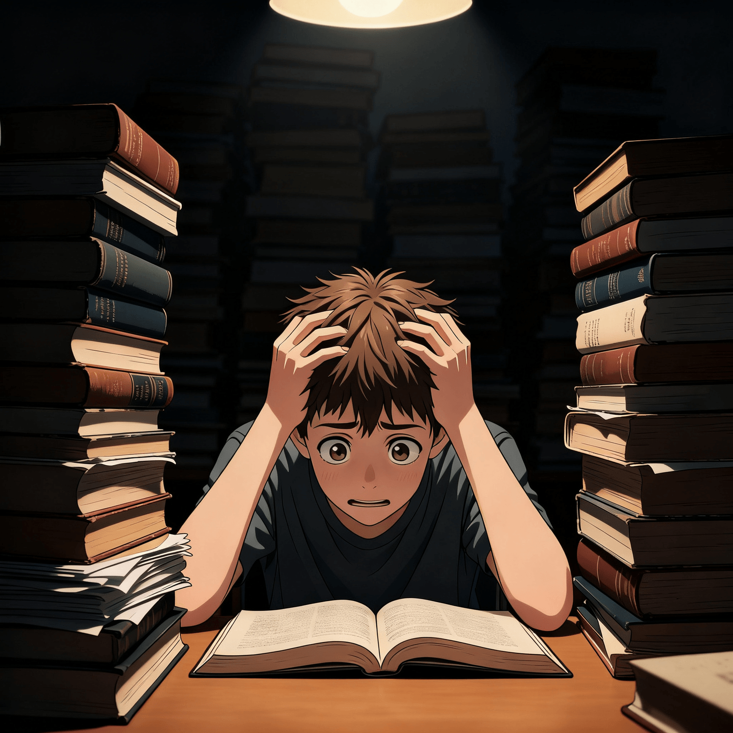 Studente seduto al tavolo di notte con fogli di calcoli e 
      libro di matematica aperto