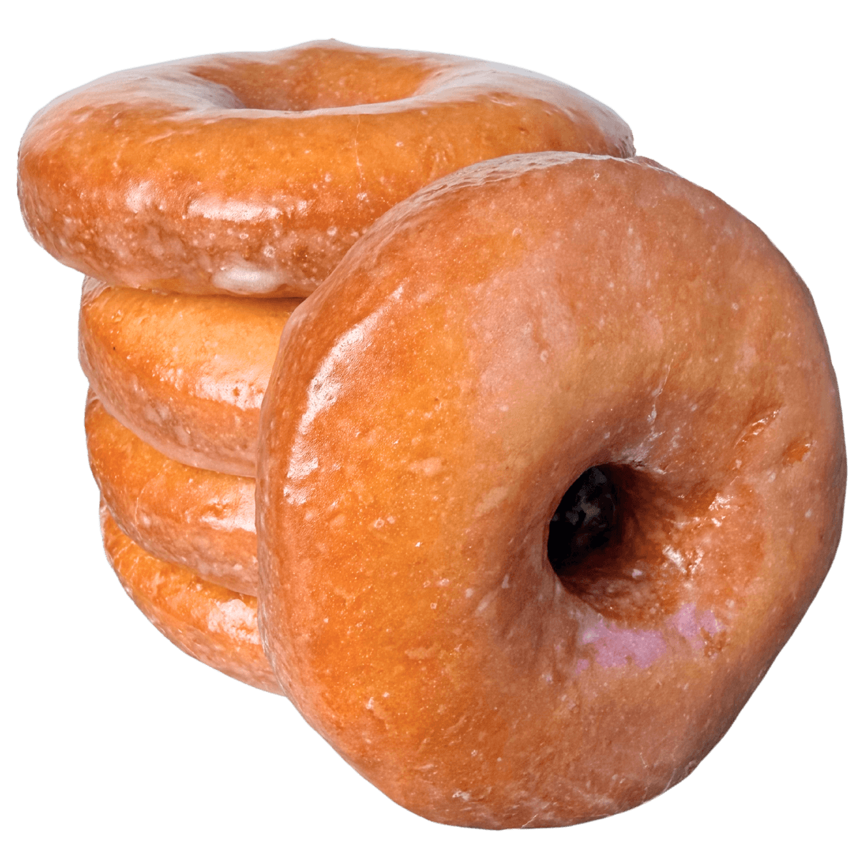Stack of gluten-free yeast-raised donuts with vanilla glaze from Gimmee Donuts.