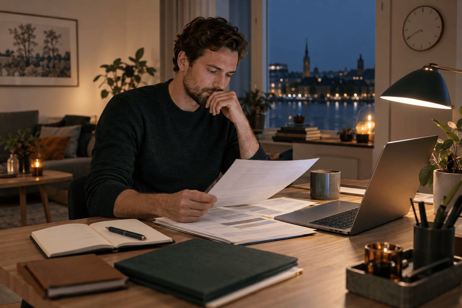 Professional reviewing an offer at 9:42 p.m.