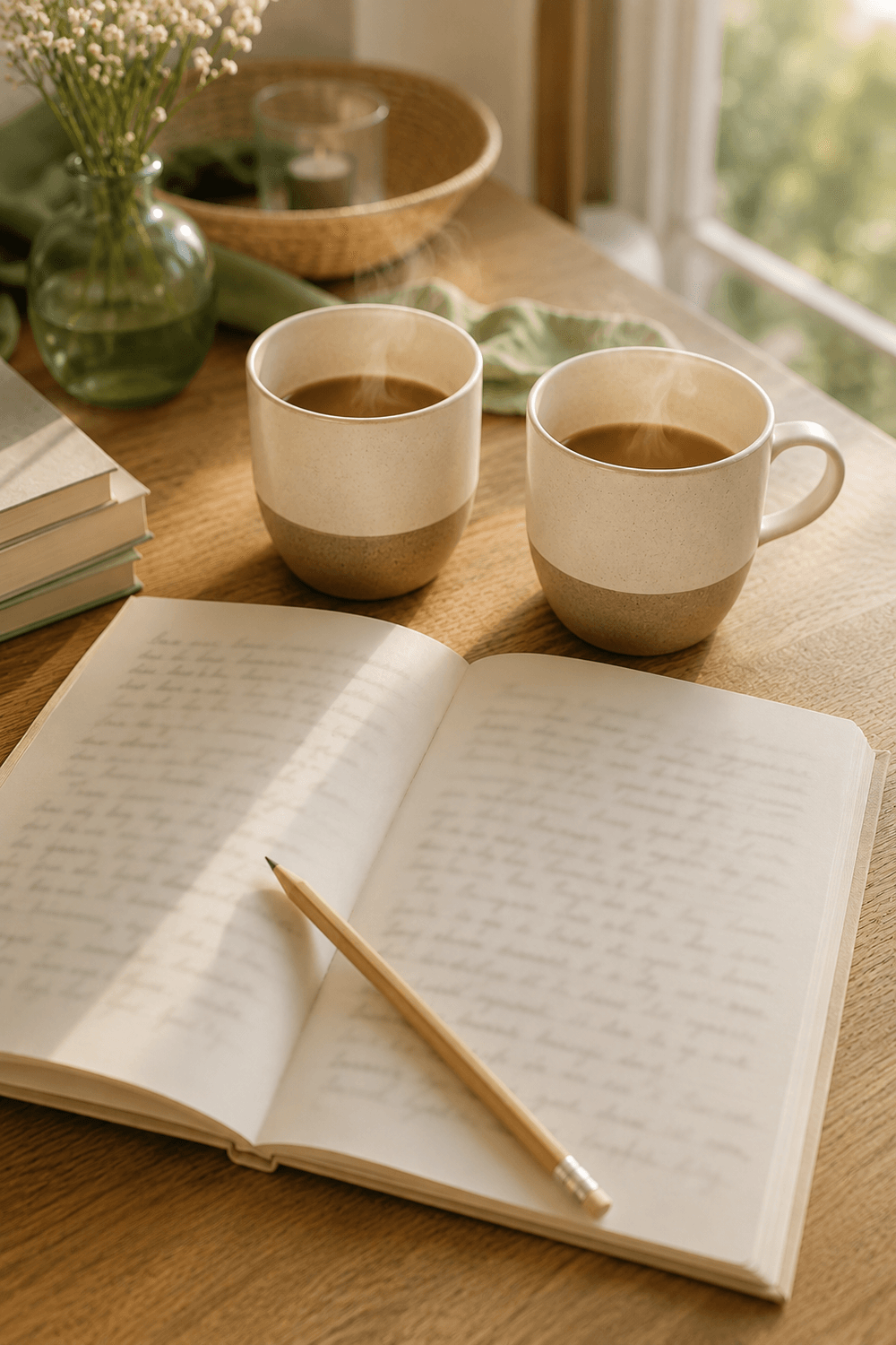 Un carnet d'activités ouvert avec un crayon et deux tasses de café, ambiance chaleureuse