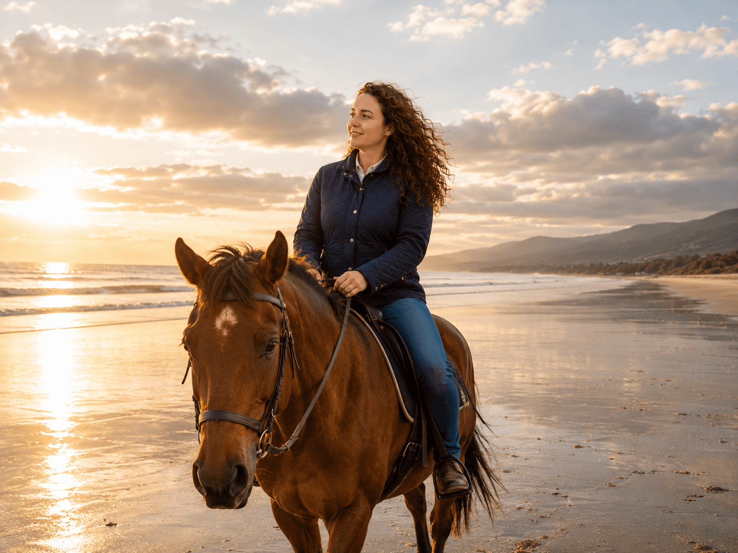 A woman riding a horse along the beach at sunset