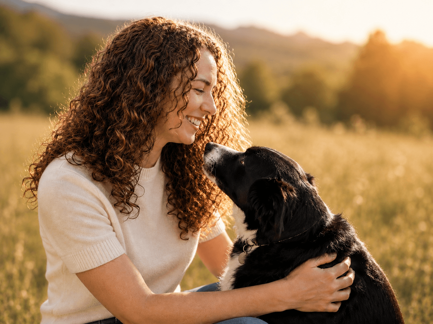 A woman kneeling face to face with her dog in a sunlit field