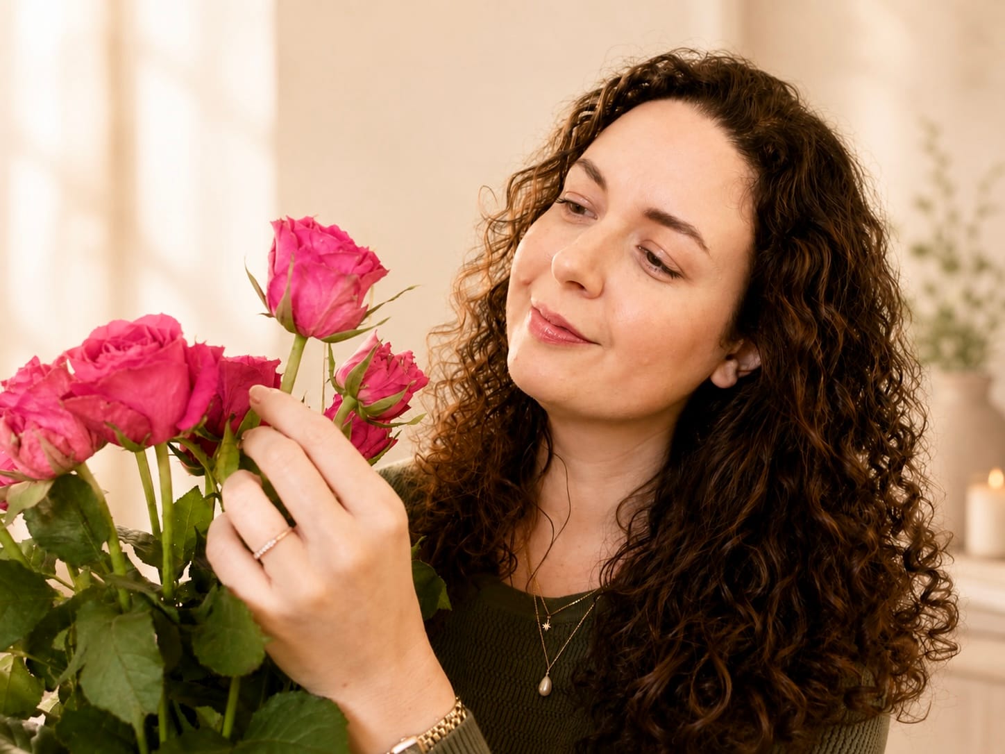 A woman arranging a bouquet of pink roses in soft window light