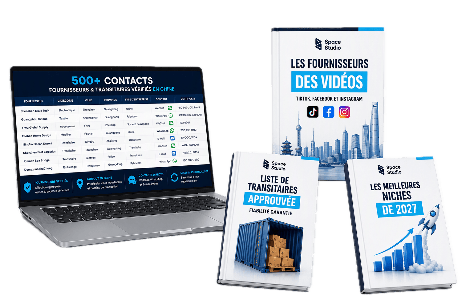 Offre Space Studio : 500+ contacts fournisseurs et transitaires, scripts e-mail, fournisseurs des vidéos et 100 produits gagnants 2026