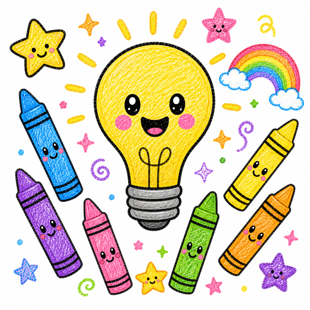 Smiling yellow lightbulb surrounded by colorful crayons, stars, and a rainbow