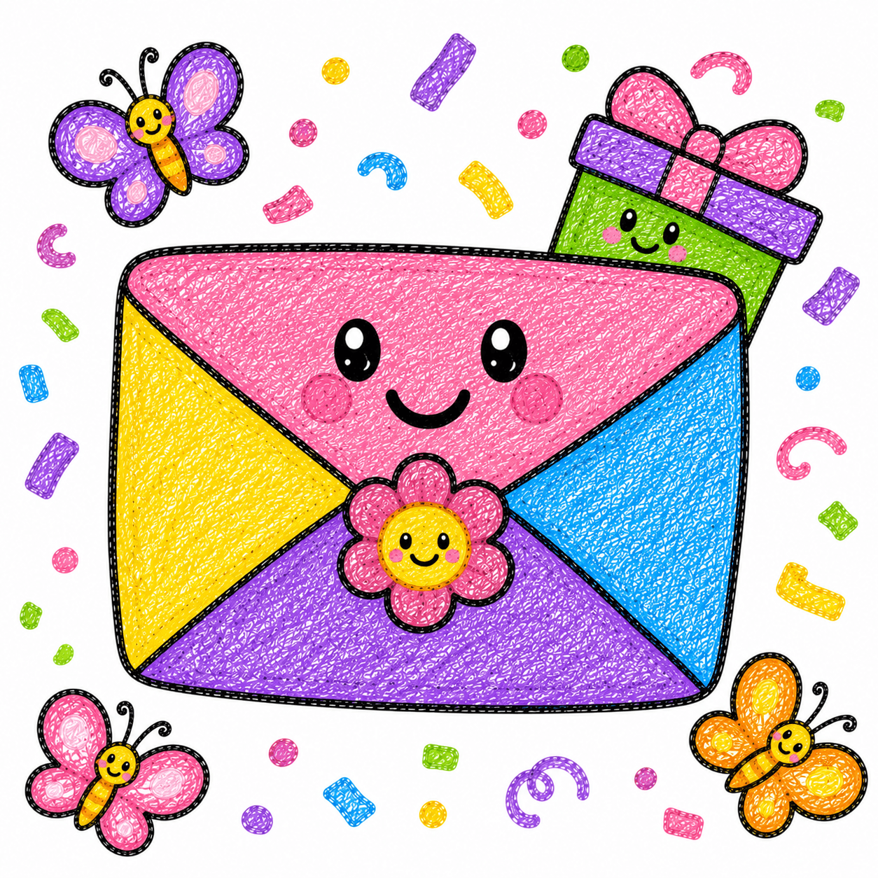 Smiling colorful envelope with a wrapped gift peeking out and butterflies fluttering around it