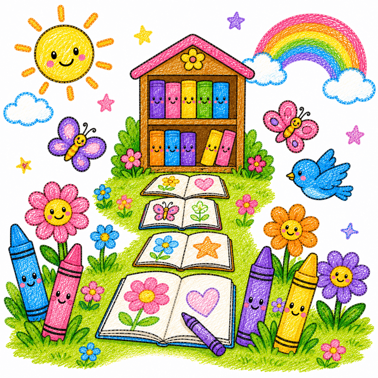 A cheerful crayon illustration of colorful books, crayons, flowers, butterflies, and a rainbow inviting families to continue exploring.