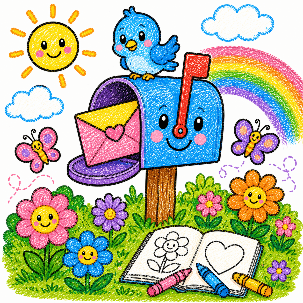 Crayon-style illustration of a smiling blue mailbox with a heart-sealed envelope, a bluebird, butterflies, a rainbow, flowers, and an open coloring book with crayons
