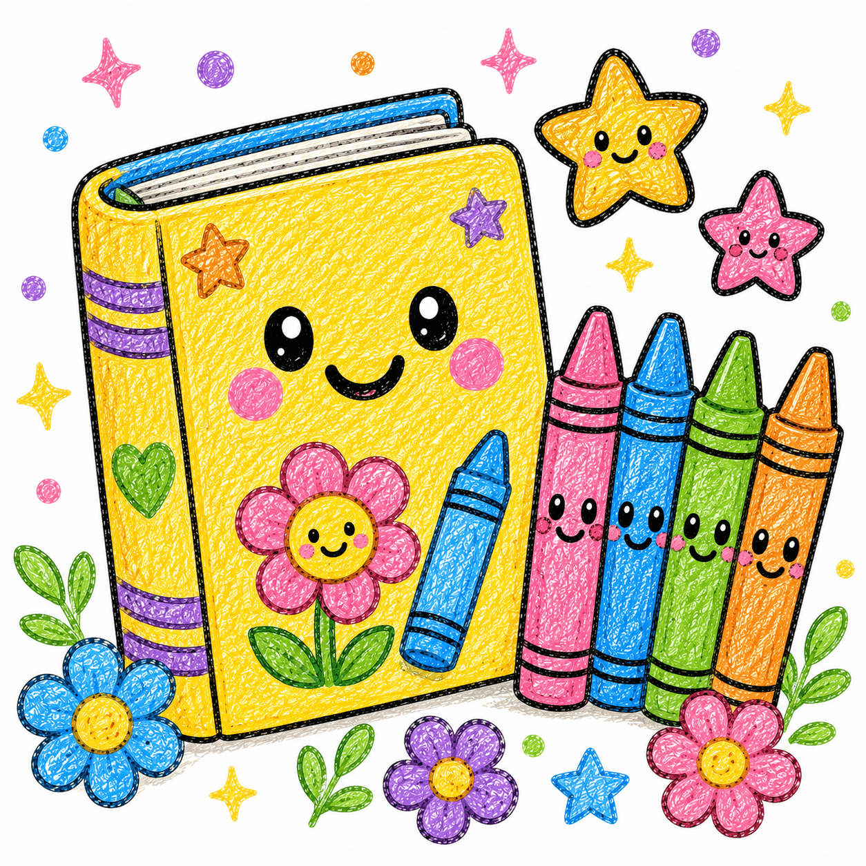 Smiling yellow storybook decorated with a flower and stars, sitting beside a row of colorful crayons