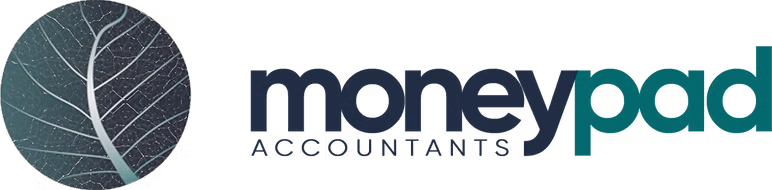 Moneypad accountants logo, a dark green circle with a leaf stem effect along with the words - moneypad accountants