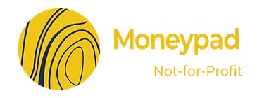 Moneypad Not for Profit logo, yellow writing with a yellow circle next to it.