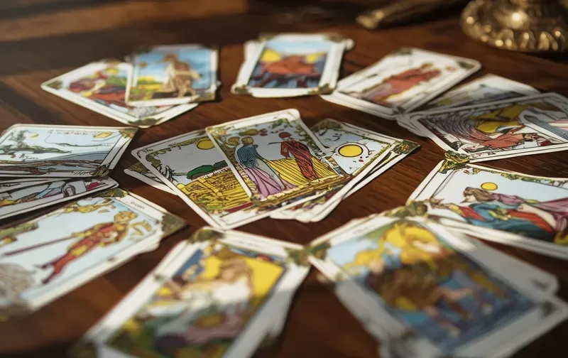 tarot cards spread on a table in soft light