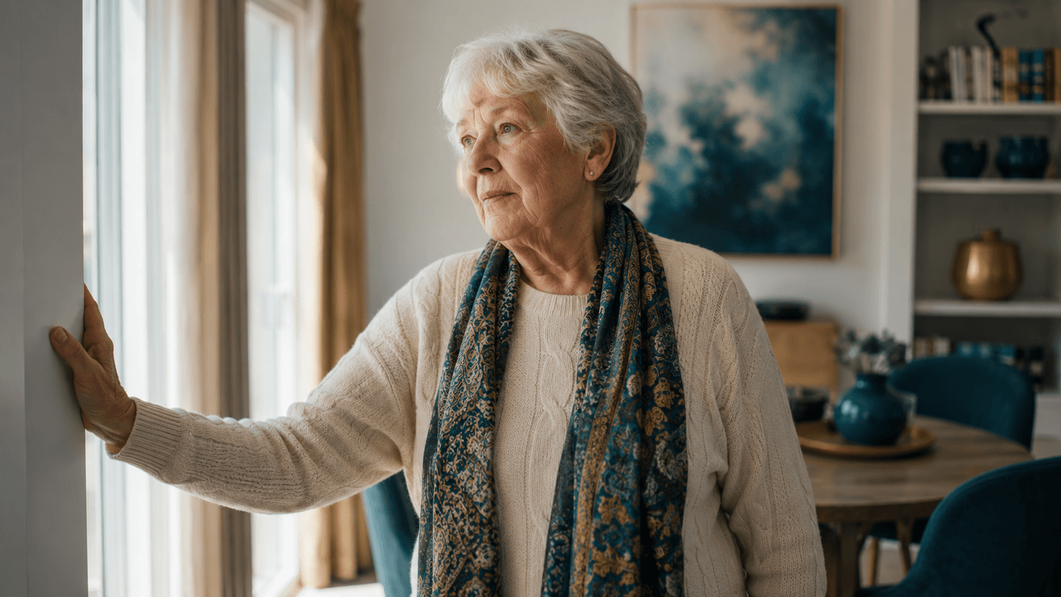 Older adult standing confidently at home near a bright window