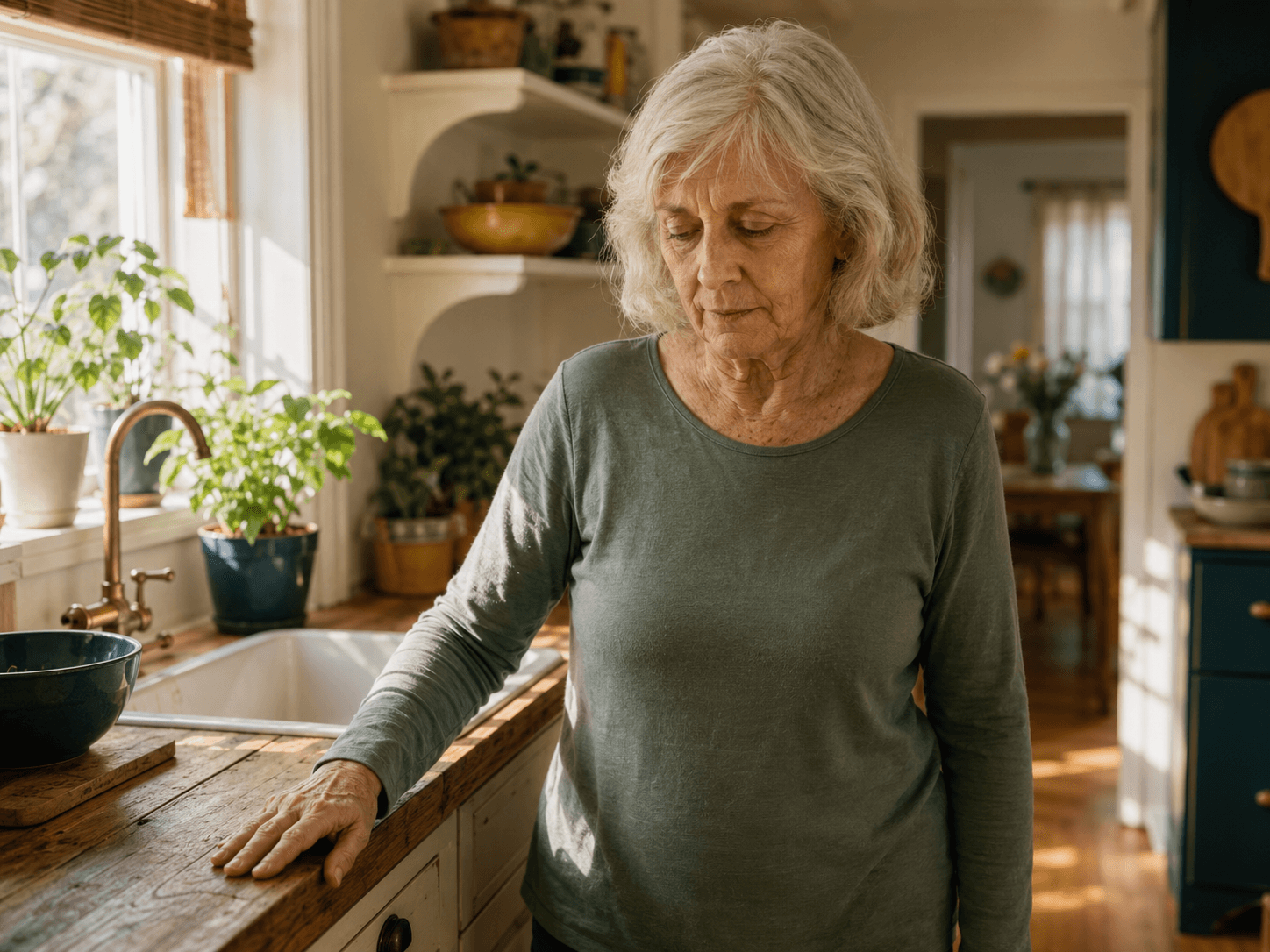 Woman standing carefully near a kitchen counter in soft morning light