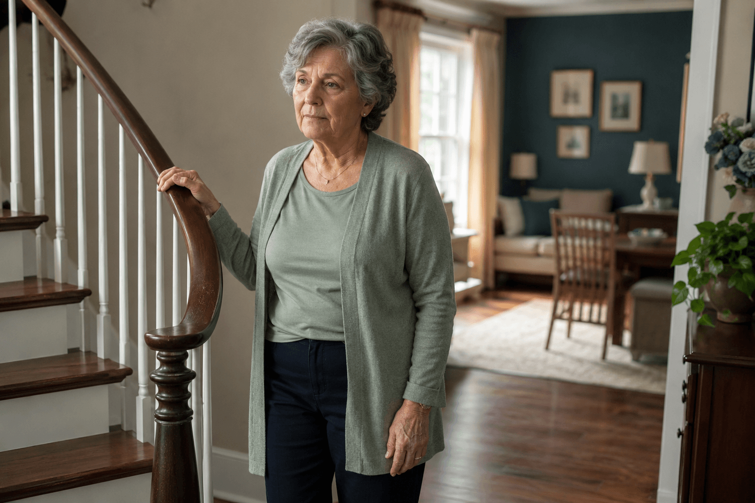 Older woman looking hesitant while standing near a staircase at home