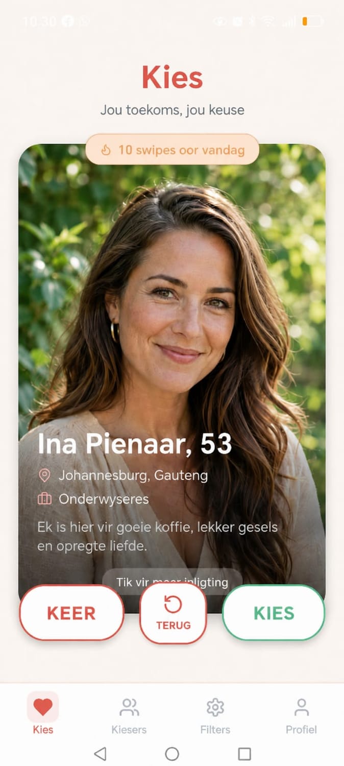 Kies app skerm