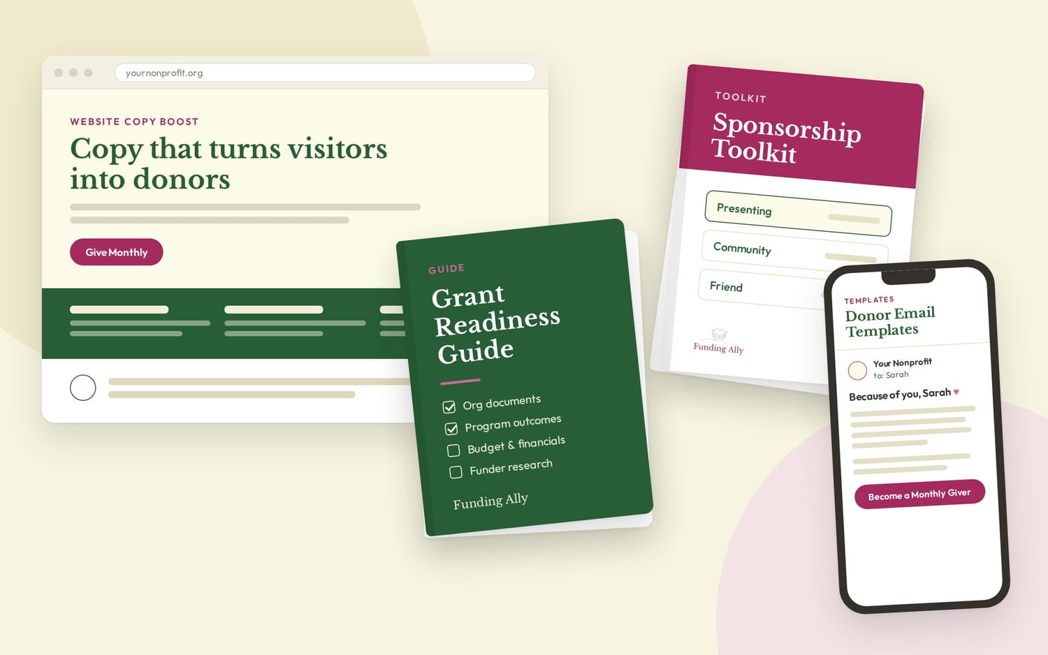 Funding Ally resources: Sponsorship Toolkit, Grant Readiness Guide, Donor Email Templates, and Website Copy Boost