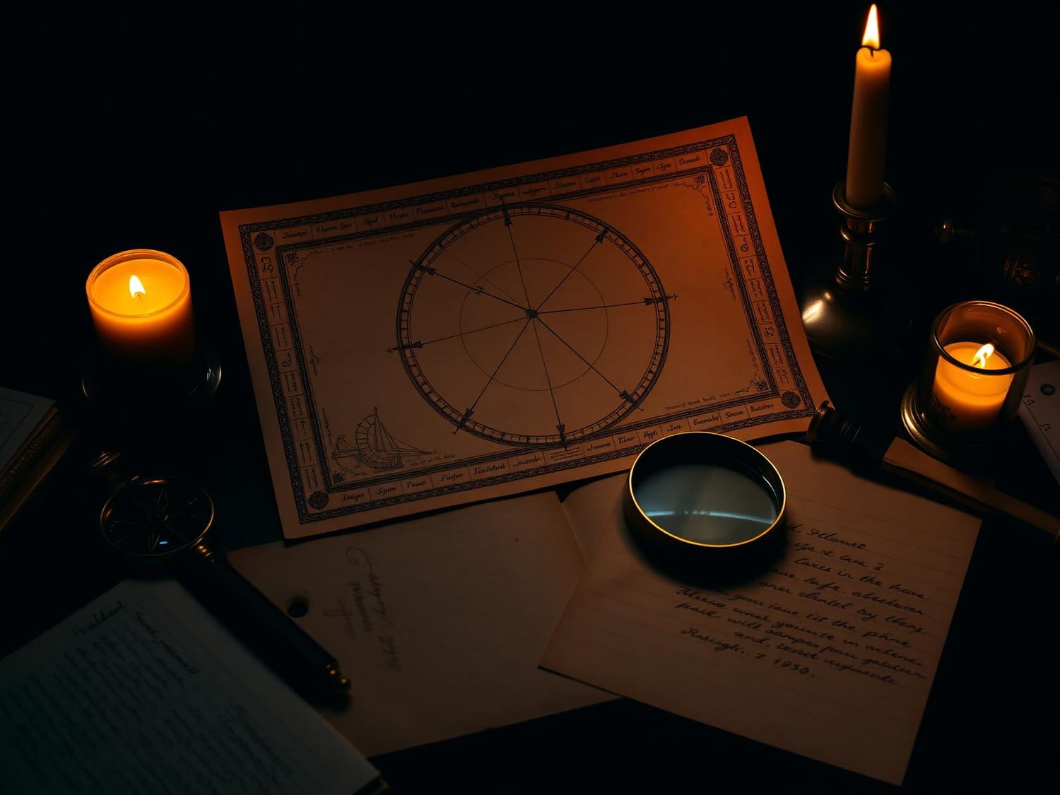 Forensic astrology desk setup with candles and charts